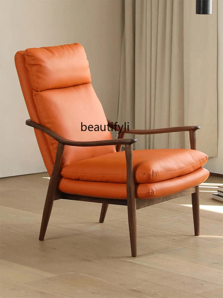 

Nordic Single-Seat Sofa Chair Solid Wood Leather Chair Modern Simple and Light Luxury Armchair Casual Leather Chair Wingback