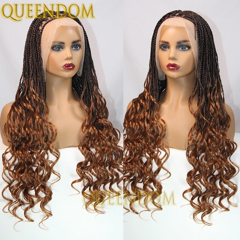 Synthetic Ombre Blonde Box Braid Wig 28 Inch Full Lace Bohemian Braided Goddess Wig Knotless Cornrow Braids Wig With Curly Ends