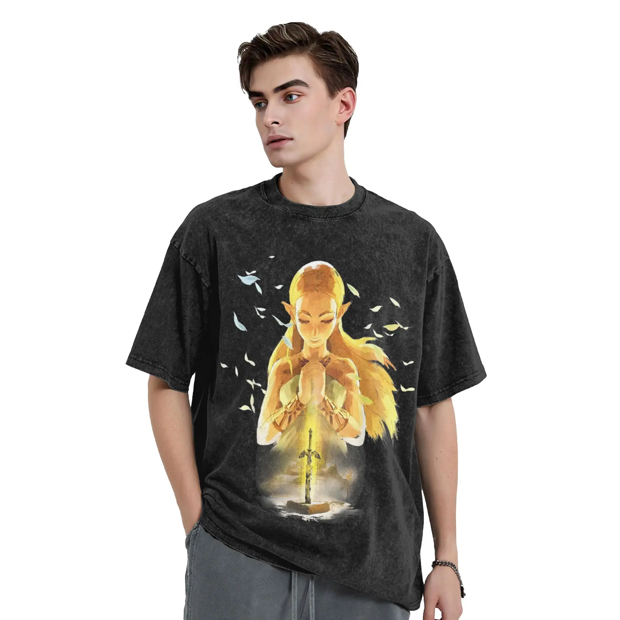 Zeldas Legend Washed T Shirts Streetwear Fashion T-Shirts Game Anime Tees for Men Women Cotton Oversize Printed