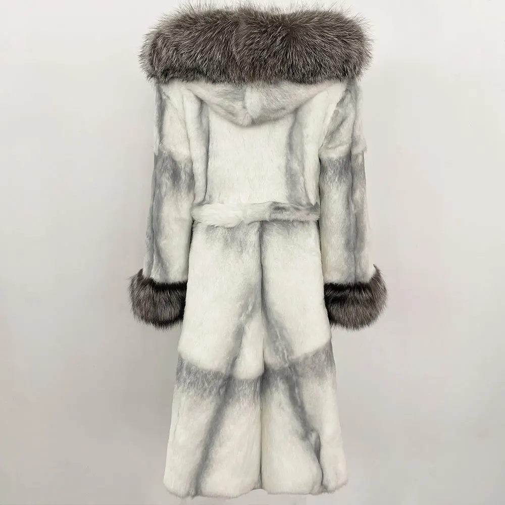 OFTBUY 天然ウサギのジャケットの女性 2025 新しい秋冬暖かい厚いリアルキツネの毛皮のコート女性ロングフード付きベルト服女性