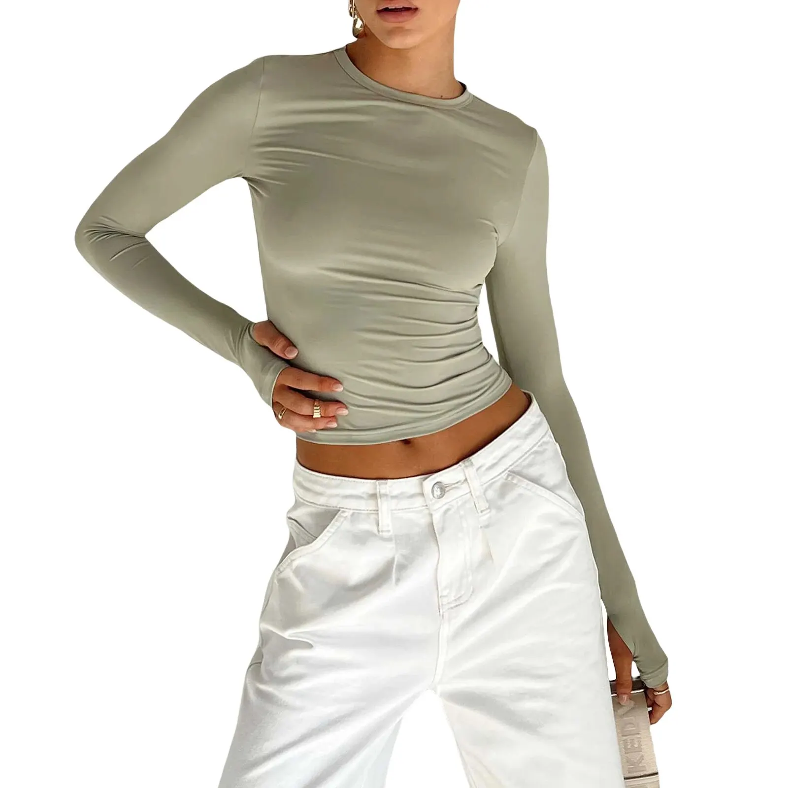 Y2K Long Sleeve T-Shirts for Women Spring Autumn Slim Fit Casual Pullovers Female Basic Tees Tops with Thumb Holes Streetwear