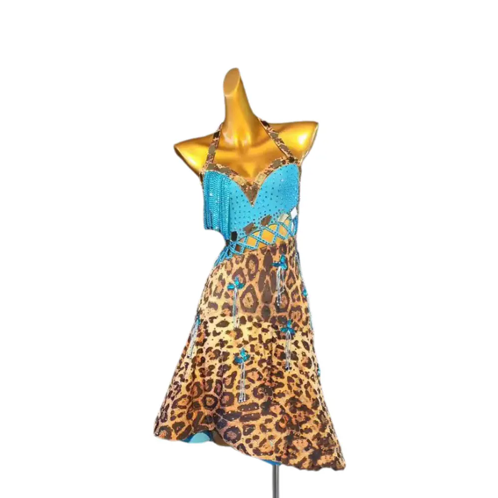 

Костюм для латинских танцев со стразами, женская высококачественная двухцветная большая юбка с подвесным вырезом на заказ, платье для выступлений самбы