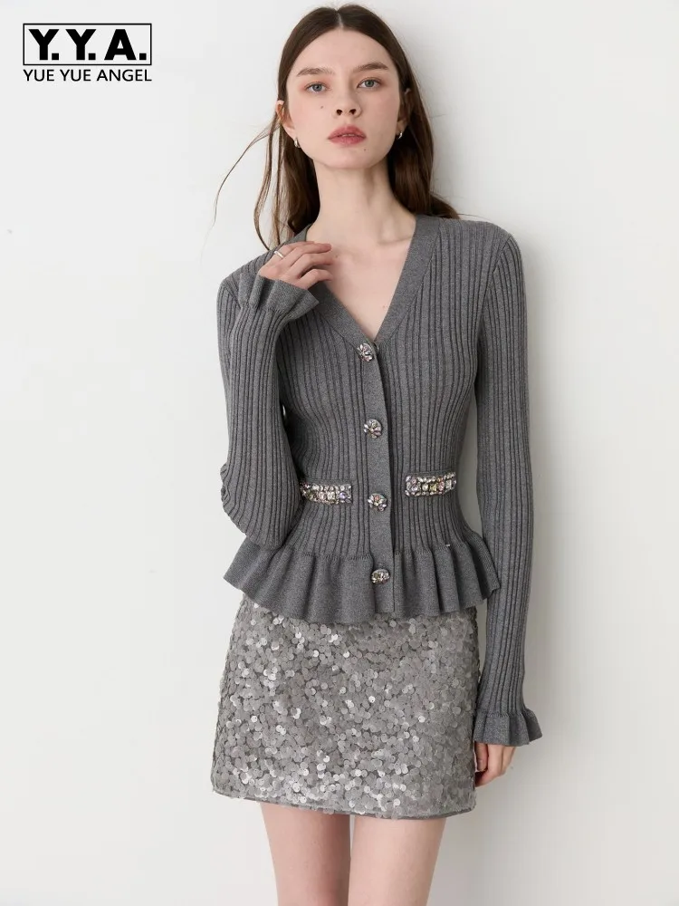 2026 Autumn Casual Womens Diamond V-Neck Slim Fit Knitted Sweater Office Ladies Ruffled Long Sleeve Knit Cardigan Tops Knitwear
