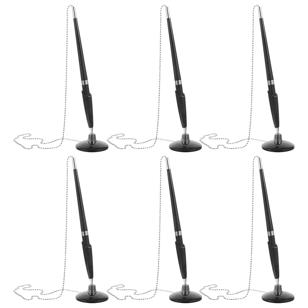 

6pcs Sign Pen Set Black Ink Ballpoint With Chain 360° Rotating Holder Self-Adhesive Base For Office Bank Reception Counter Desk