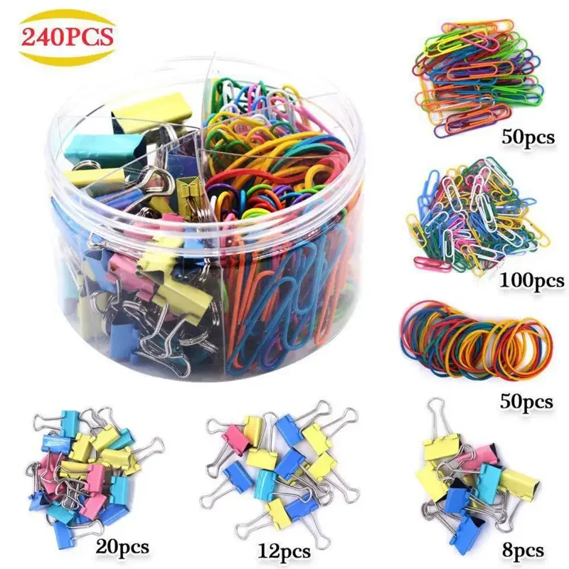 240pcs Office Paper Clip Set, Various Sizes Paper Clips, Binder Clips,Rubber Bands For File Organizer Office And School Supplies
