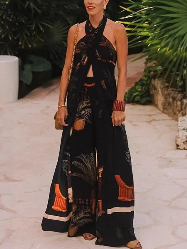 

Two Piece Set Sleeveless Blouse Tops And Wide Leg Pants Suits Spring Summer Women Set Sheath Matching Fashion Outfit 2025 Autumn