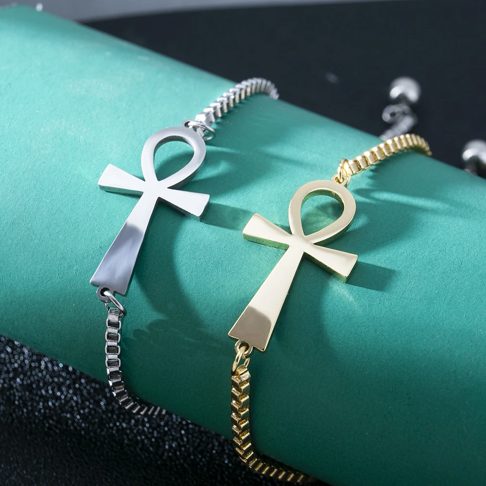 

Ancient Egypt Ankh Cross Bracelets Women Men Stainless Steel Box Chain Charms Bracelet Vintage Egyptian Jewelry Birhday Gift