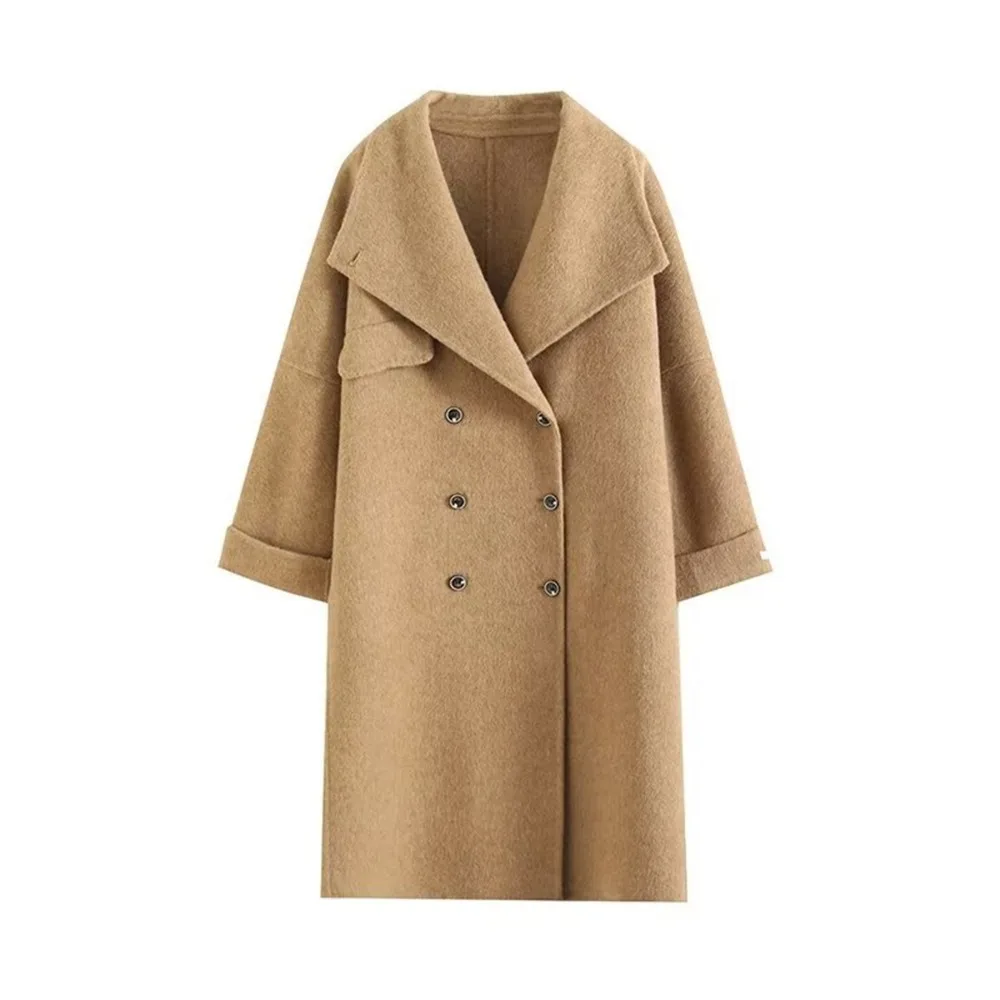 TWOTWINSTYLE Solid Spliced Button Loose Wool Coats for Women Stand Neck Long Sleeve Temperament Casual Coat Female
