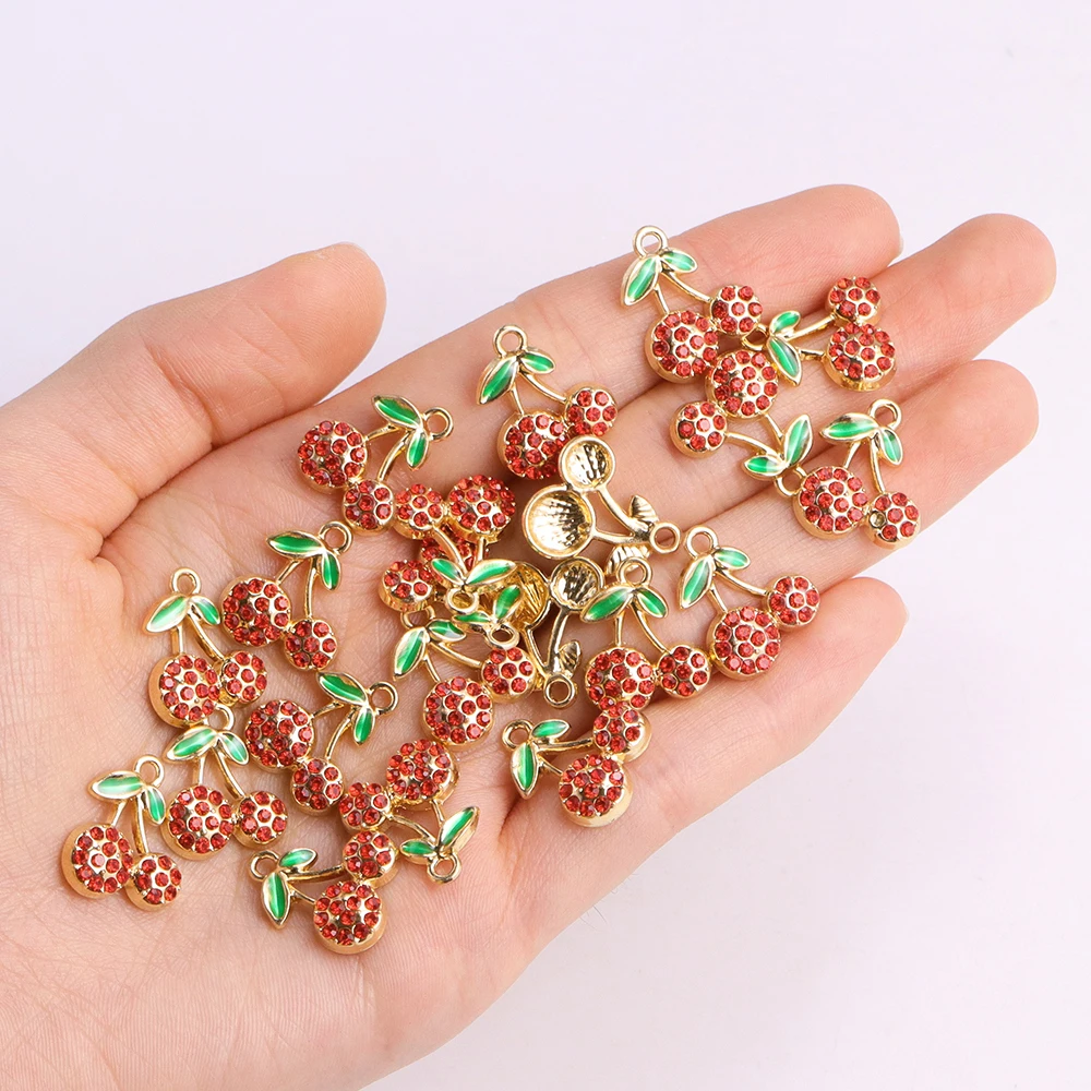 10Pcs Zircon Red Cherry Charms KC Gold Color Fruit Pendant Necklace Earrings DIY Jewelry Making High Quality Charms Supplies