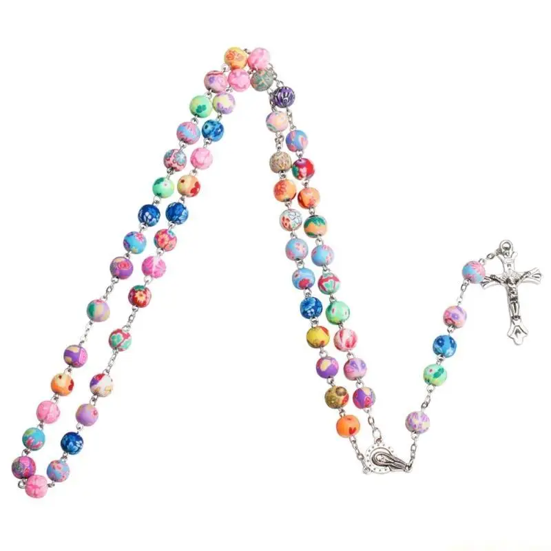 QX2E Religious Rosary Necklace for Cross Crucifix Pendant Chain Jewelry for Sweater C
