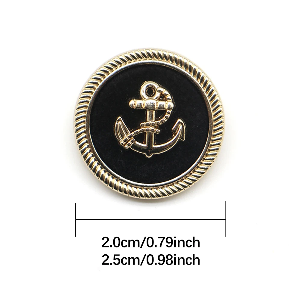 10 Pcs/set Fashion British Style Anchor Design Metal Flocked Round Buttons Suitable for Coats Jackets Suits Black Sewing Buttons