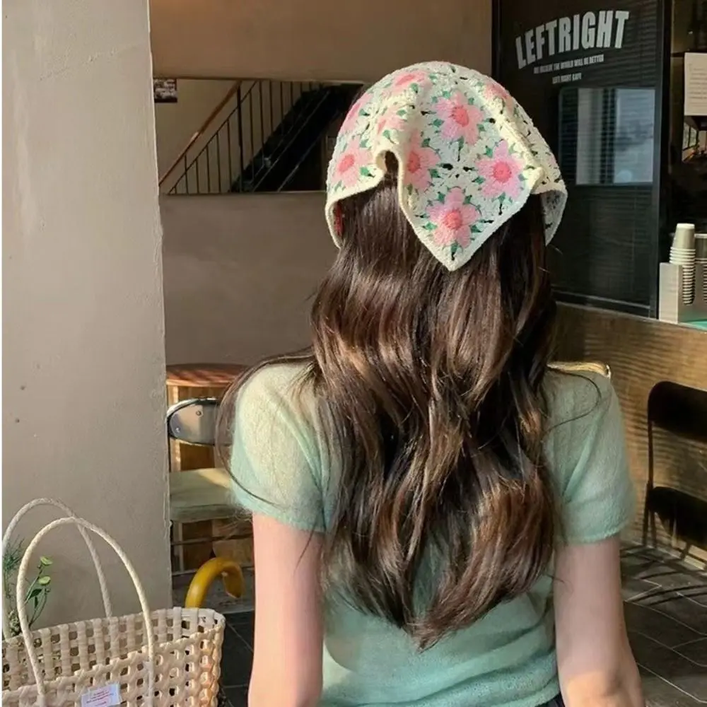 

Multicolor Knitting Flower Headband French Retro Little Daisy Headscarf Hat Hair Accessories Photo Props Triangular Turban Scarf