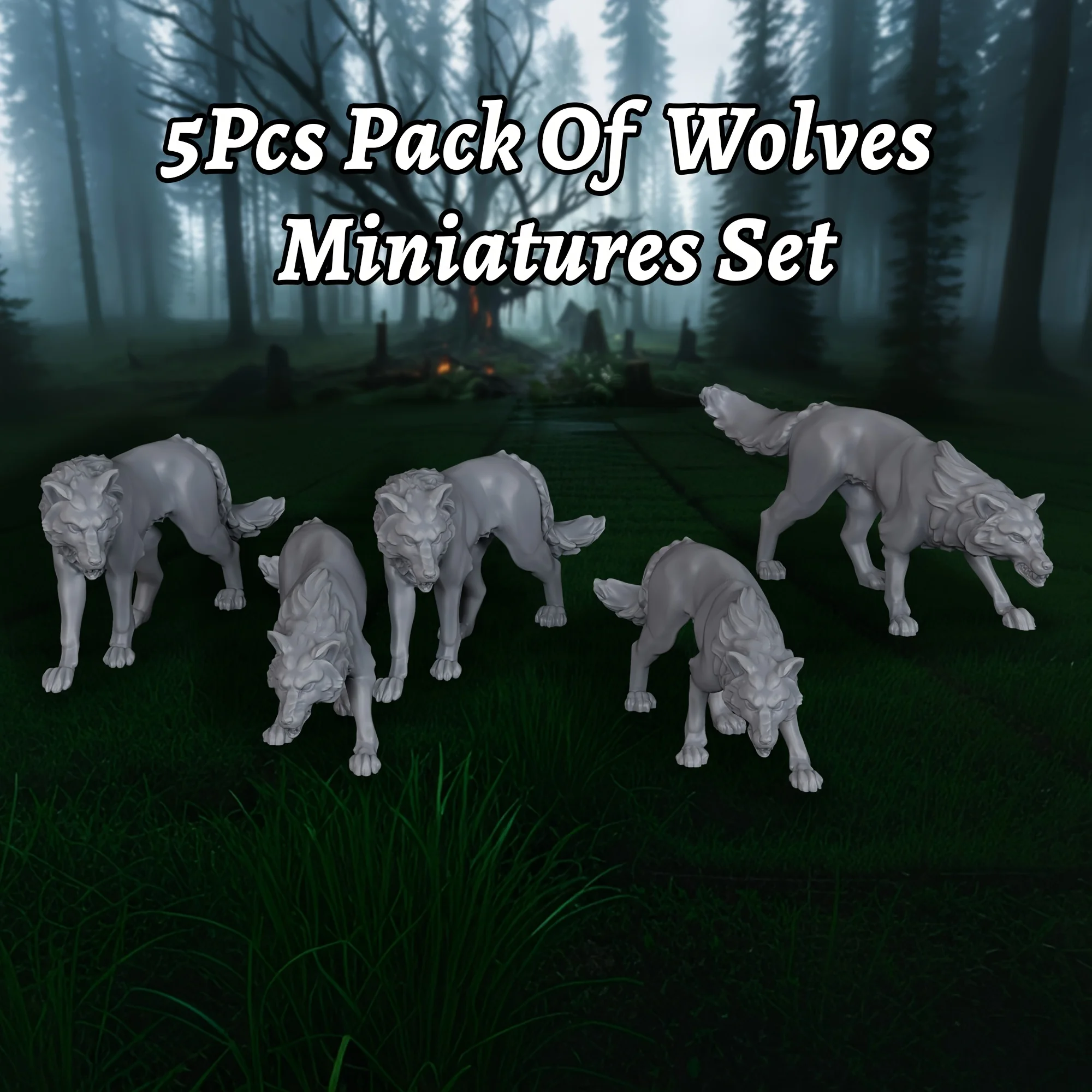 Juego de miniaturas de lobos RPG de 5 piezas, pack de lobos altamente detallados para juegos de rol de mesa y paisajes, modelos de animales de resina sin pintar