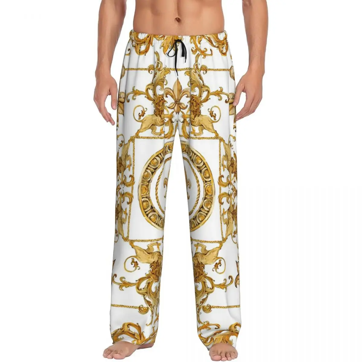 

Изготовленные на заказ пижамные штаны с золотым барокко и дамасским орнаментом, мужская одежда для сна, штаны для сна с карманами