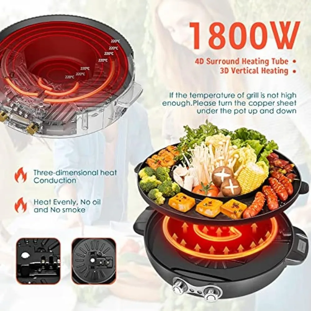 Hot Pot with Grill, 2000W 2 in 1 Electric Hot Pot Grill Cooker with Dual Temperature Control for 1-8 People