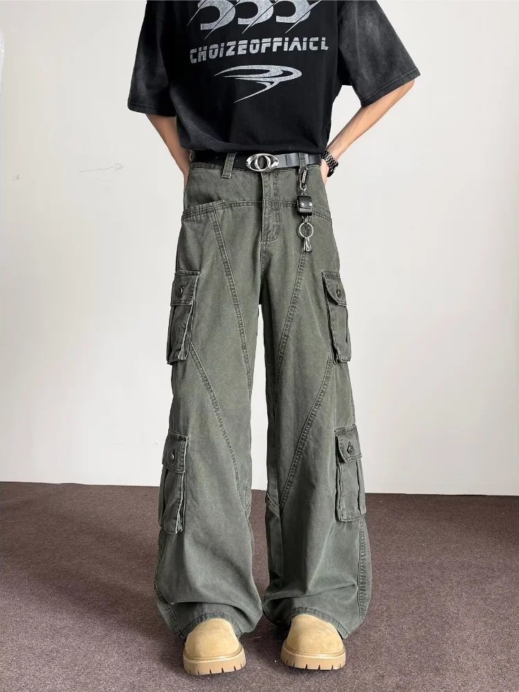 

2025 Trashy Y2K Fashion Vintage Green Baggy Stacked Cargo Jeans Pants For Men Clothing Multi Pockets Loose Cotton Long Trousers