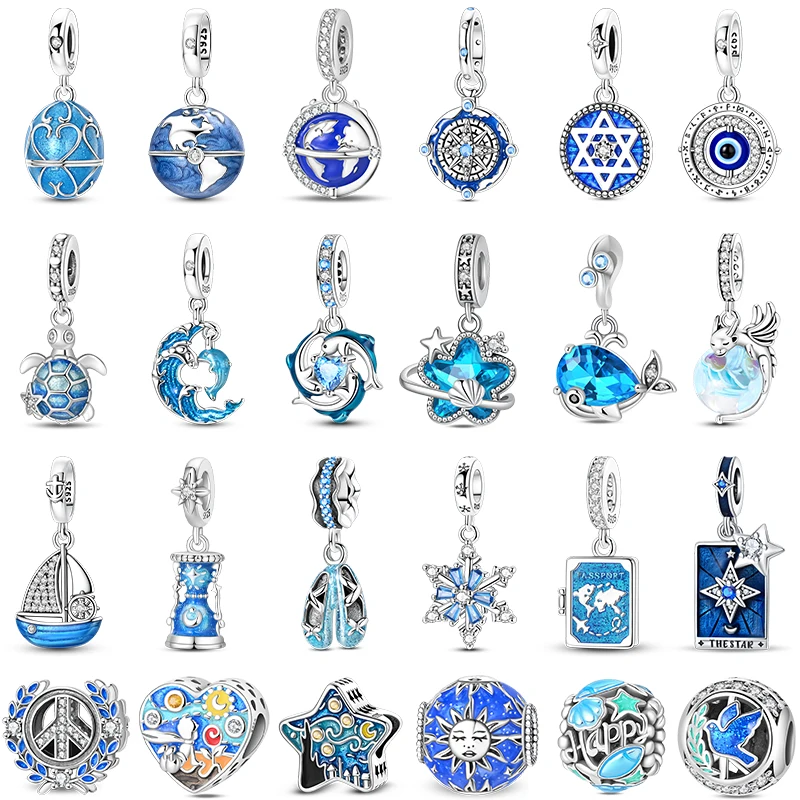 925 Sterling Silver Blue Series Earth Compass Earth Compass Dolphin Charms Bead For Women Fit Original Bracelet DIY Jewelry Gift