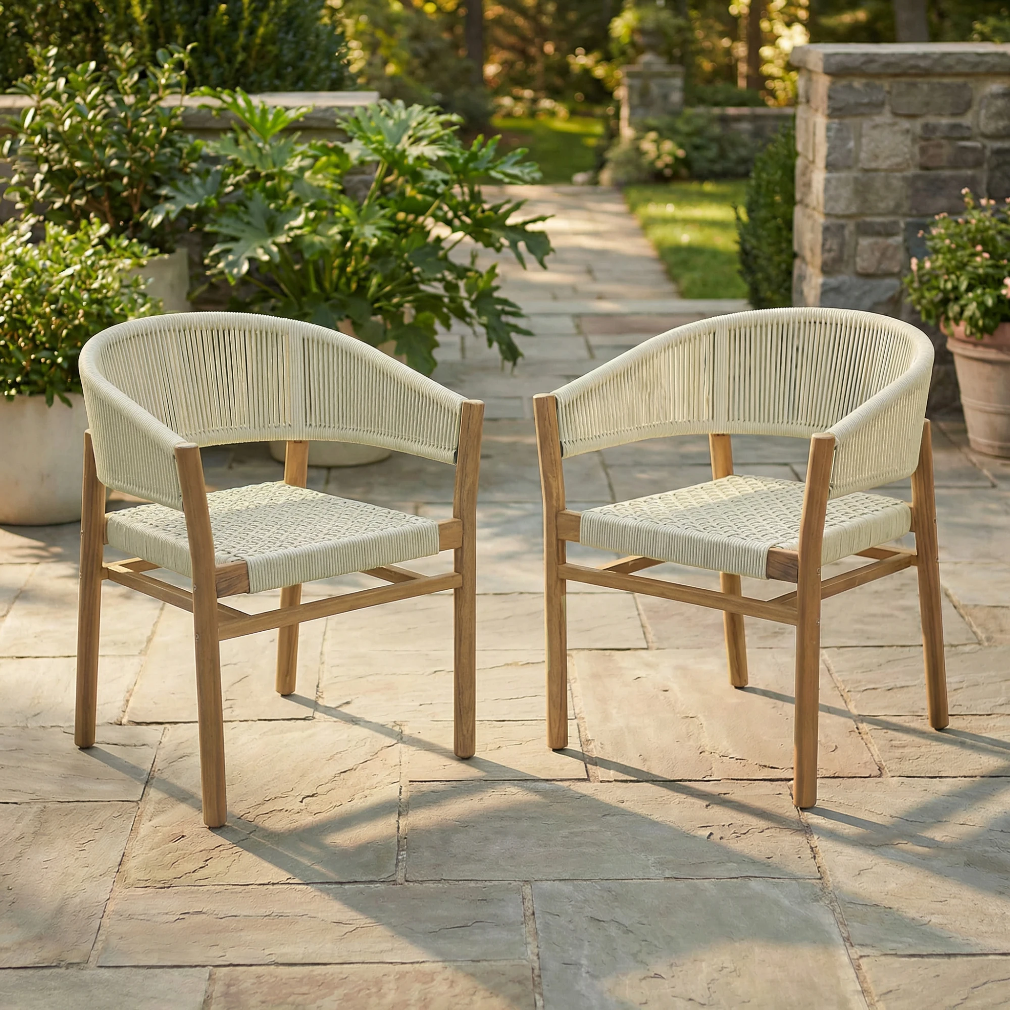 Outdoor Accent Chair Set of 2, Acacia Wood Patio Dining Chairs with Curved Backrest, Rope-Wrapped Seat and Back for Backyard