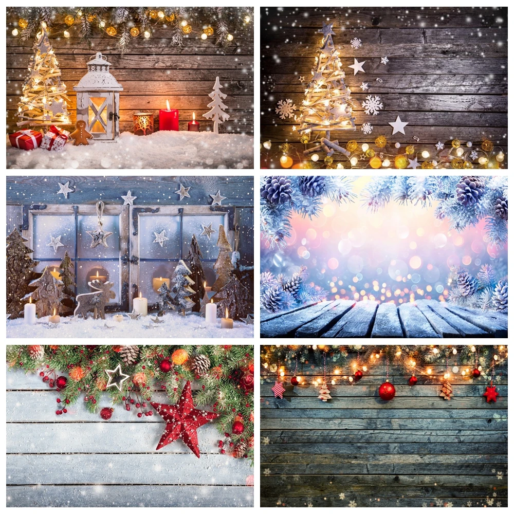 

Christmas Wooden Board Star Lights Glitter Snowflake Backdrop Pine Wreath Planks Baby Family Portrait Party Decor Background