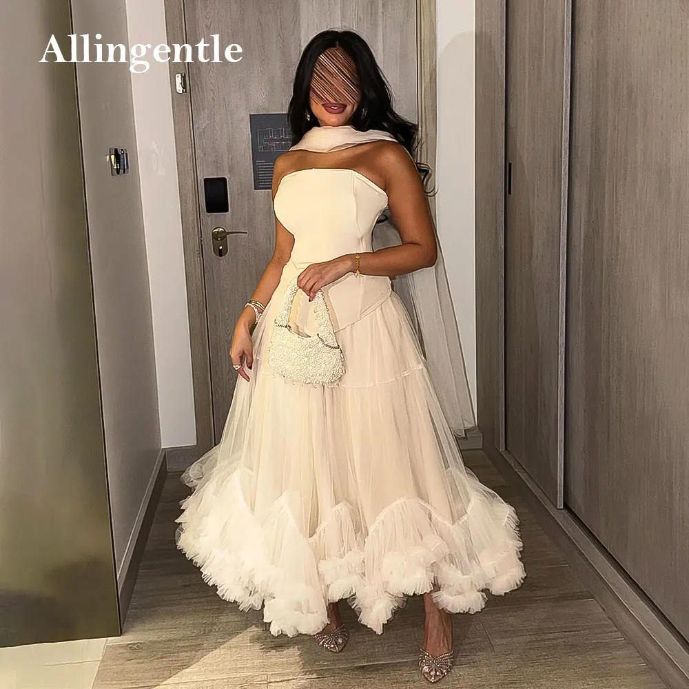 

Elegant Strapless Arabic Evening Dress with Ruffle Women's A-Line Long Ivory Tulle Prom Dress فساتين سهرة Customized
