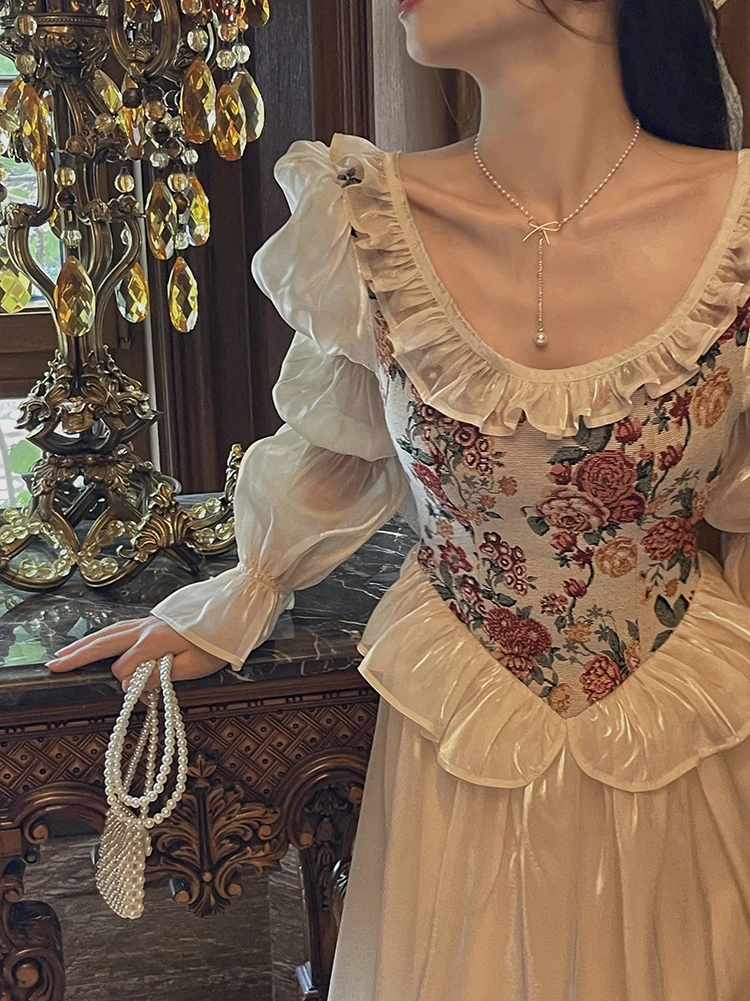 Women European Medieval Retro Court Princress Dress Bubble Sleeve Long Ball Gown Cosplay Costume Vintage Gothic Elegant Skirt