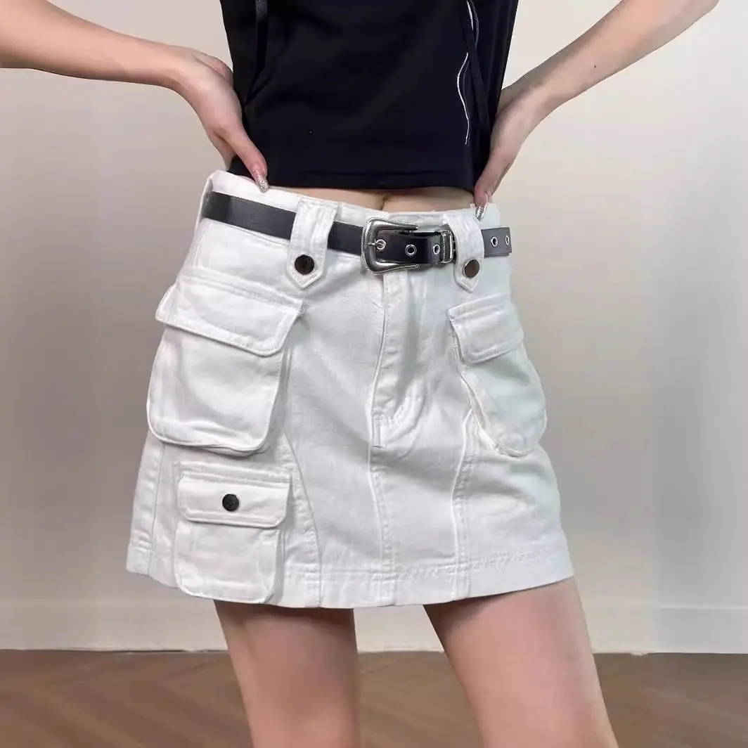 

White denim short skirt for female workers Short high waist, slim a summer. Anti glare A-line celebrity skirt