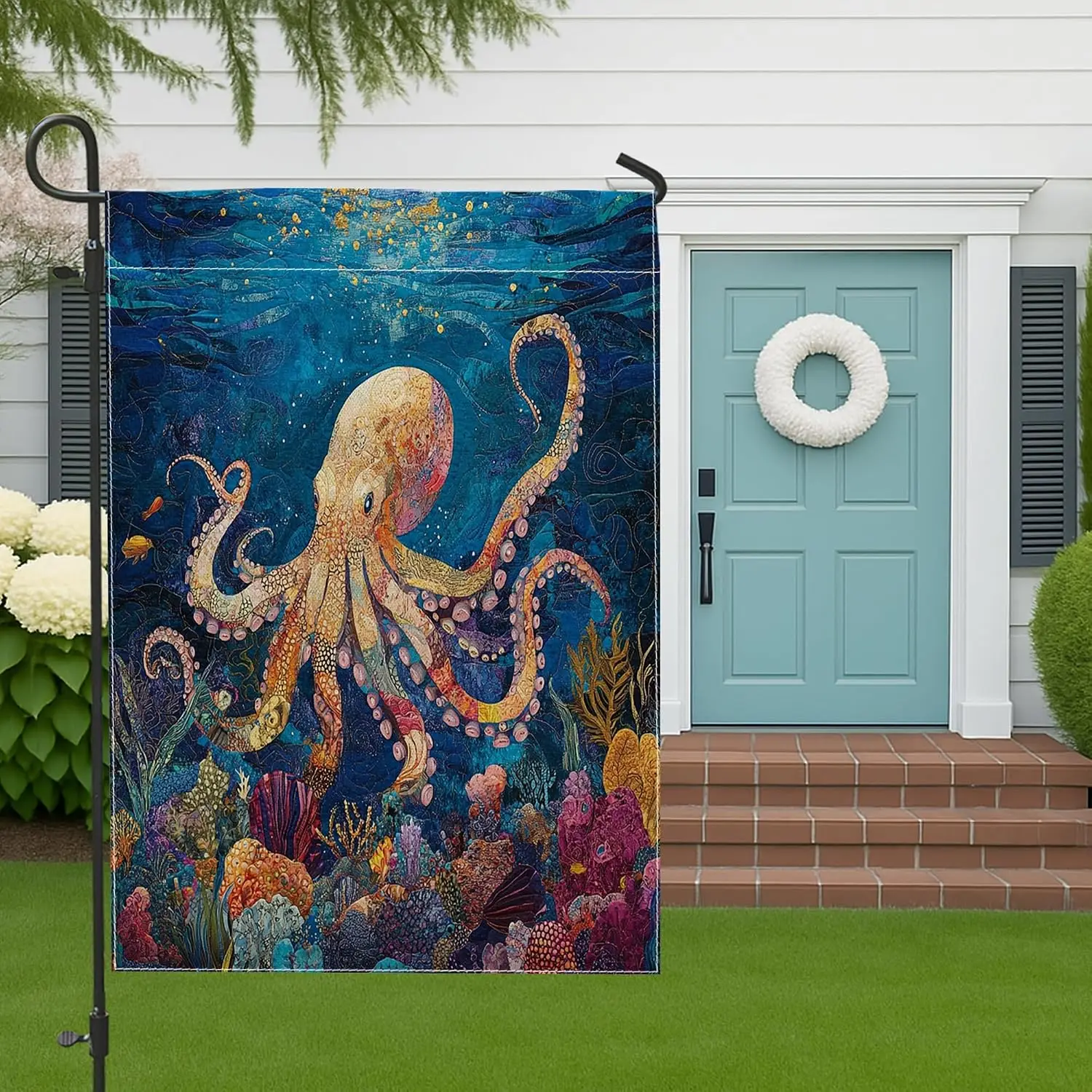 Quilted Style Ocean Octopus Garden Flags 12x18 Inch Double Sided for Outside, Cool Coastal Sealife Pattern Standard Canvas H yyi