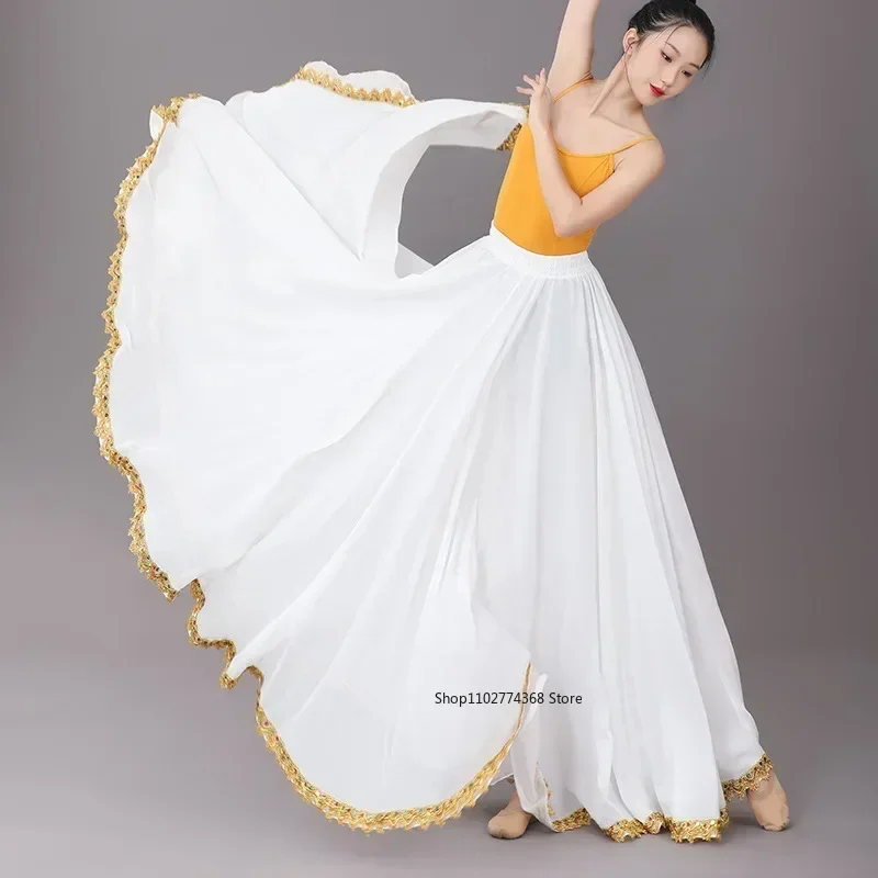 Flamenco-Tanzrock für Damen, 720-Grad-Chiffon, einfarbig, langer Bauch, Swing-Rock, zum Üben von Zigeunern, langer Rock, Tanzaufführung