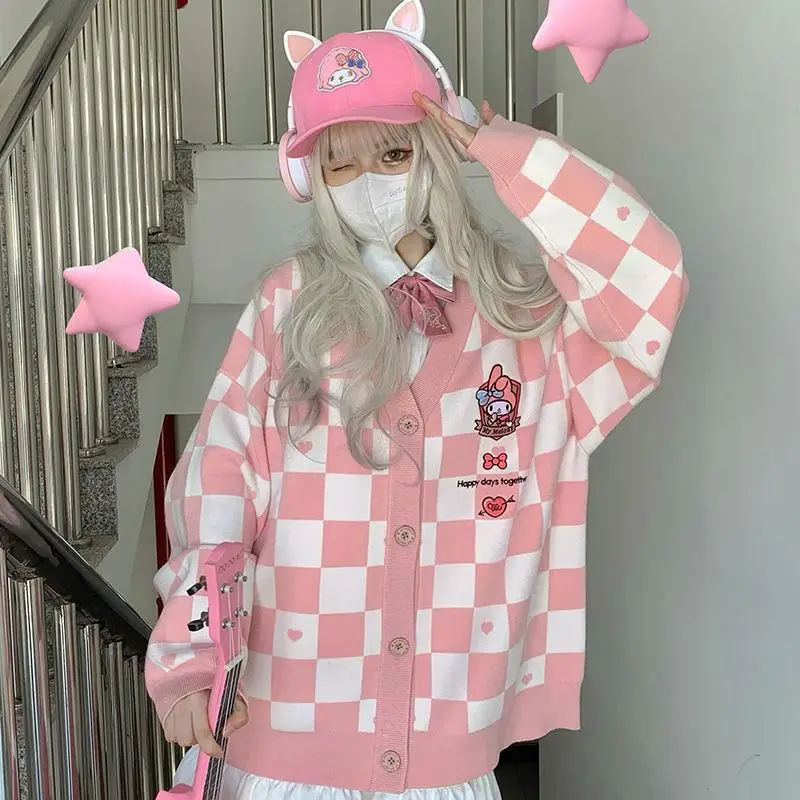 

Sanrio Girl Leisure Time кардиган с круглым вырезом, свитер на весну и осень Kawaii Hello Kitty, модный универсальный свитер с v-образным вырезом в стиле комиксов