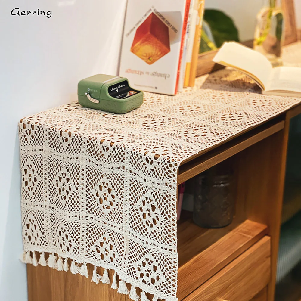 

Gerring Crochet Table Runner Beige Vintage Christmas Table Flag Home Decor Lace Porch Desk Tablecloth TV Cabinet Cover