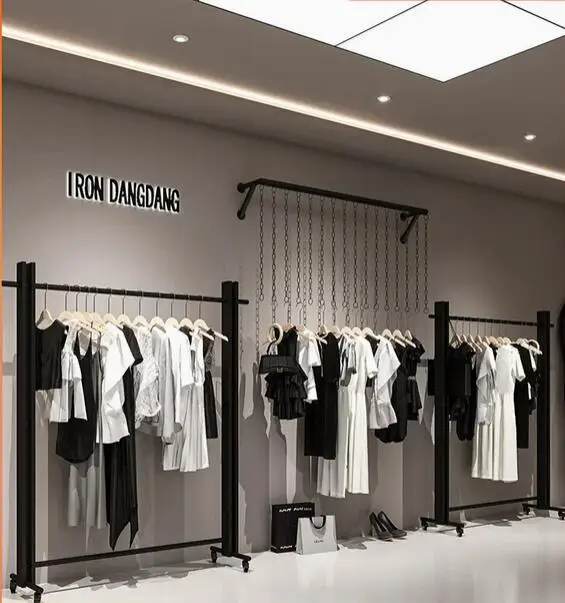 

Clothing store exclusive iron art black minimalist floor to ceiling clothing display rack combination wall shelf