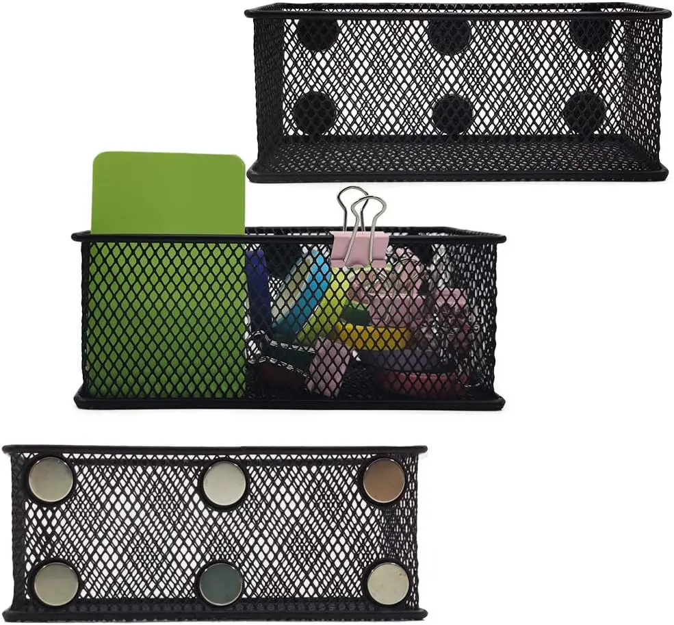 

Magnetic Pencil Holder Set of 3 - Black Wire Mesh Storage Baskets Organizer with Strong Magnets for Whiteboard, Fridge, Locker