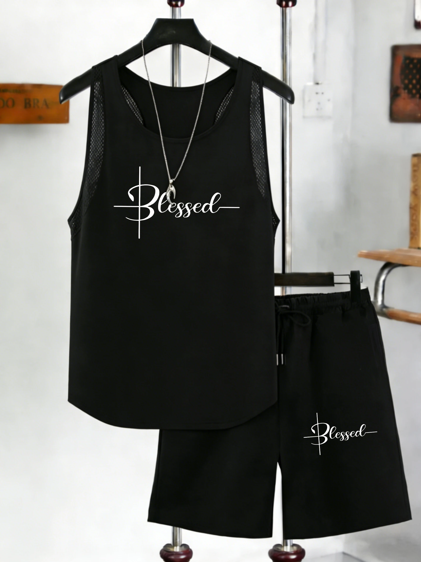 

Art Blessed Letter Print Vest Set Men Summer Sleeveless O-Neck Mesh Tank Tops Drawstring Casual Pants Wide-Leg Pocket Shorts
