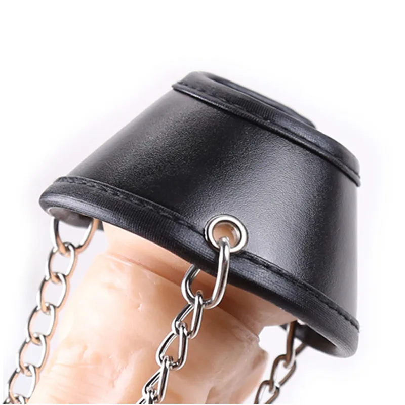 BDSM Leather parachute Penis Sleeve Ring Slave Sex Aid Chain Leash Cock Ring Ball Stretcher Bondage