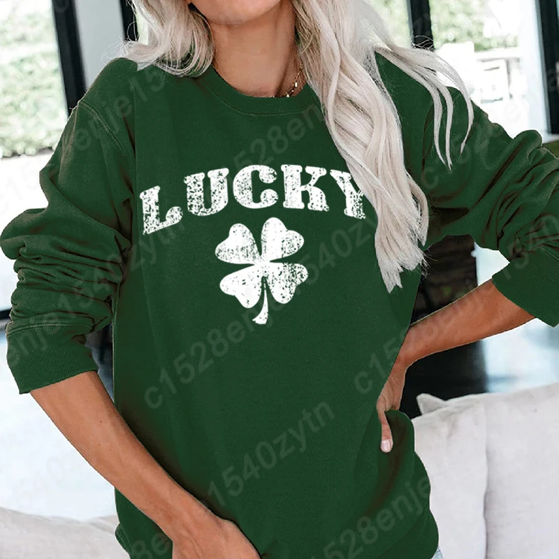 

St Patrick's Day Lucky Clover Print Pullovers Women Fashion Casual Sports Hoodeless Sweatshirts Ladies Pure Color Crew Neck Tops