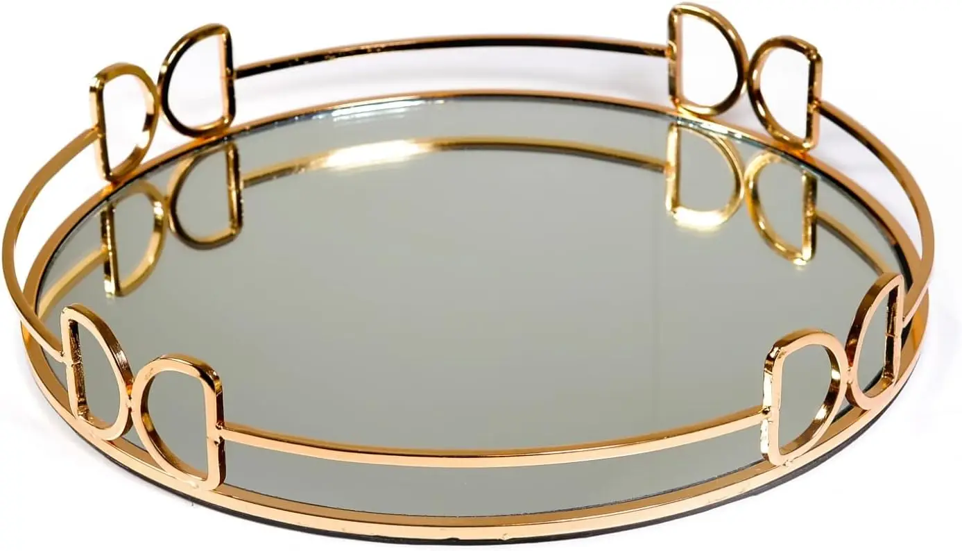 

Decorative Tray Metal Mirrored Round Serving Trays With Butterfly Handles Perfume Jewelry Trinket Organizer For Bathroom Vanity