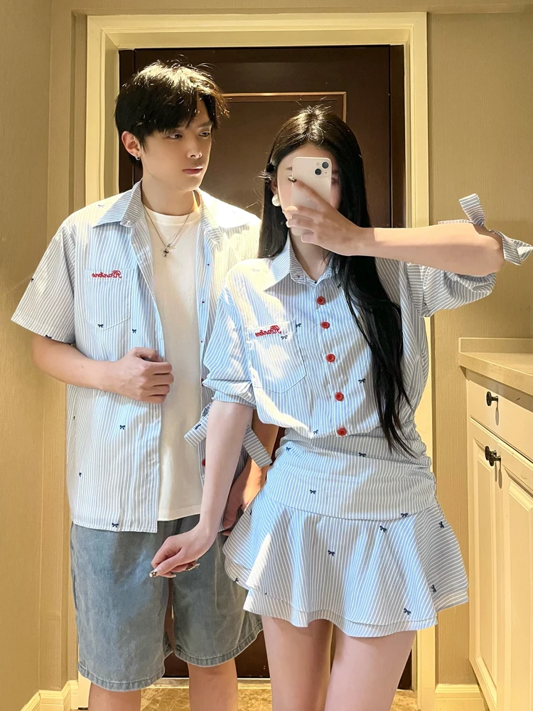 College Style Couple Outfit Summer 2026 New Short Sleeve Shirt Miu Waist Cinched Pleated Dress One Skirt One Dress Youth Fashion
