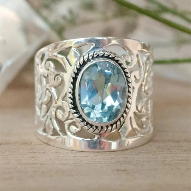 CAOSHI Hollow-out Design Wide Finger Ring Lady Silver Color Sky Blue Stone Jewelry for Anniversary Party Gorgeous Accessories