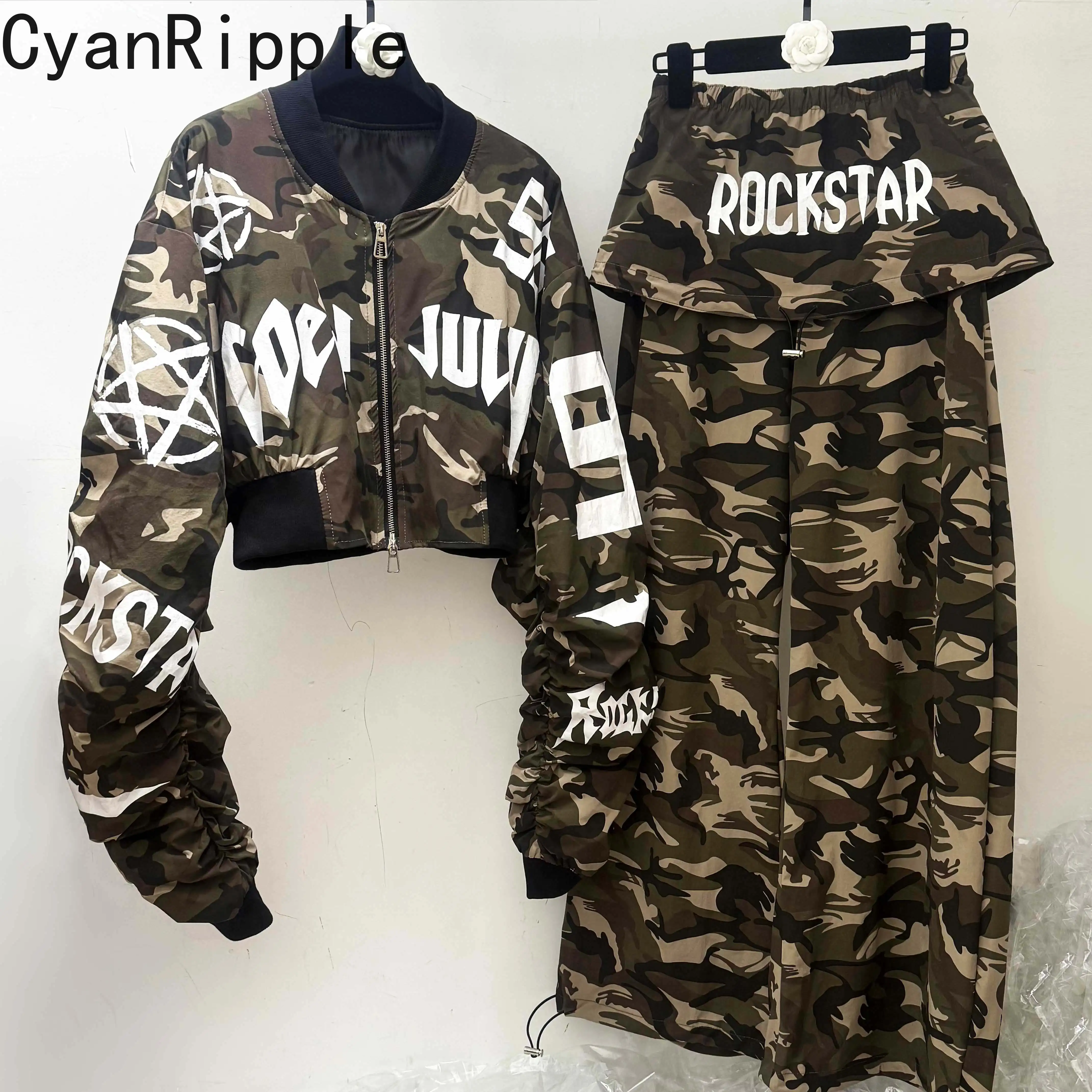American Street Autumn Women Two-piece Set Camouflage Printed Letters Zip Short Baseball Jacket Elastic Waist Wide Leg Pants