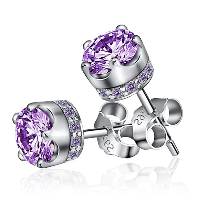 New fine 925 Sterling Silver Purple Amethyst Stud Earrings for Women noble Real Crown Crystal Wedding Party Jewelry Couple Gift