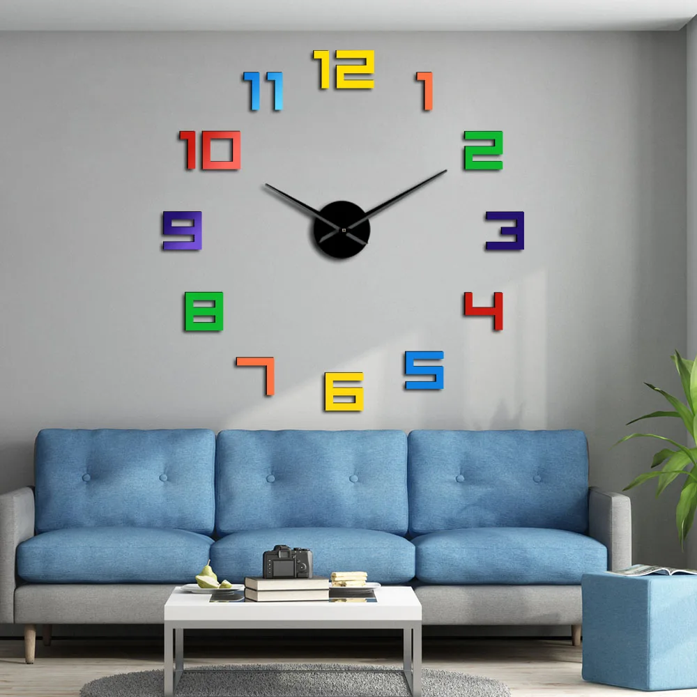 Colorful Numbers Wall Clock Rainbow Colors DIY Giant Wall Clock Multicoloured Arylic DIY Wall Clock Big Numbers Home Decor Clock