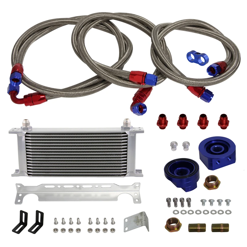 

16 Row 248mm AN8 Universal Engine Transmission Oil Cooler British Type + Filter Adapter Kit Black/Silver