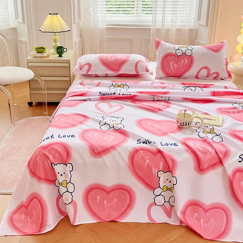 Pink Love Theme Skin-friendly Bed Sheet Set Cute Cartoon Bear Bedding Suitable for Children Girls Soft Sheets Bedroom Decor