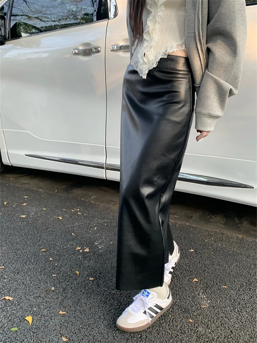 

Alien Kitty All Match PU Long Skirts Women Chic Daily New Winter Slim Office Lady High Street Elegant Casual Bodycon Split