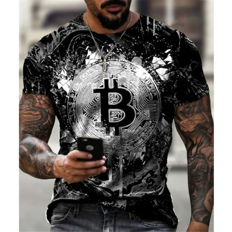 2024 New Men's Short Sleeved Sports Round Neck Loose T-shirt 3D Bitcoin Printed Breathable Casual Sportswear 2024 New Item