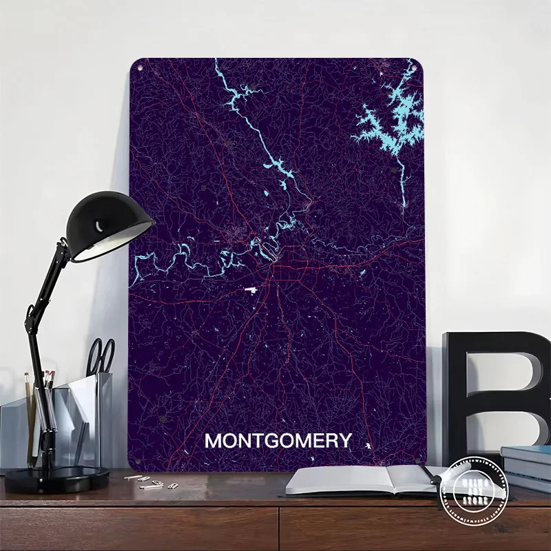 Montgomery Alabama Map - Dark Aesthetic Poster Customized Vintage Metal Signs Wall Art Retro Tin Plaque for Decoration Bedroom