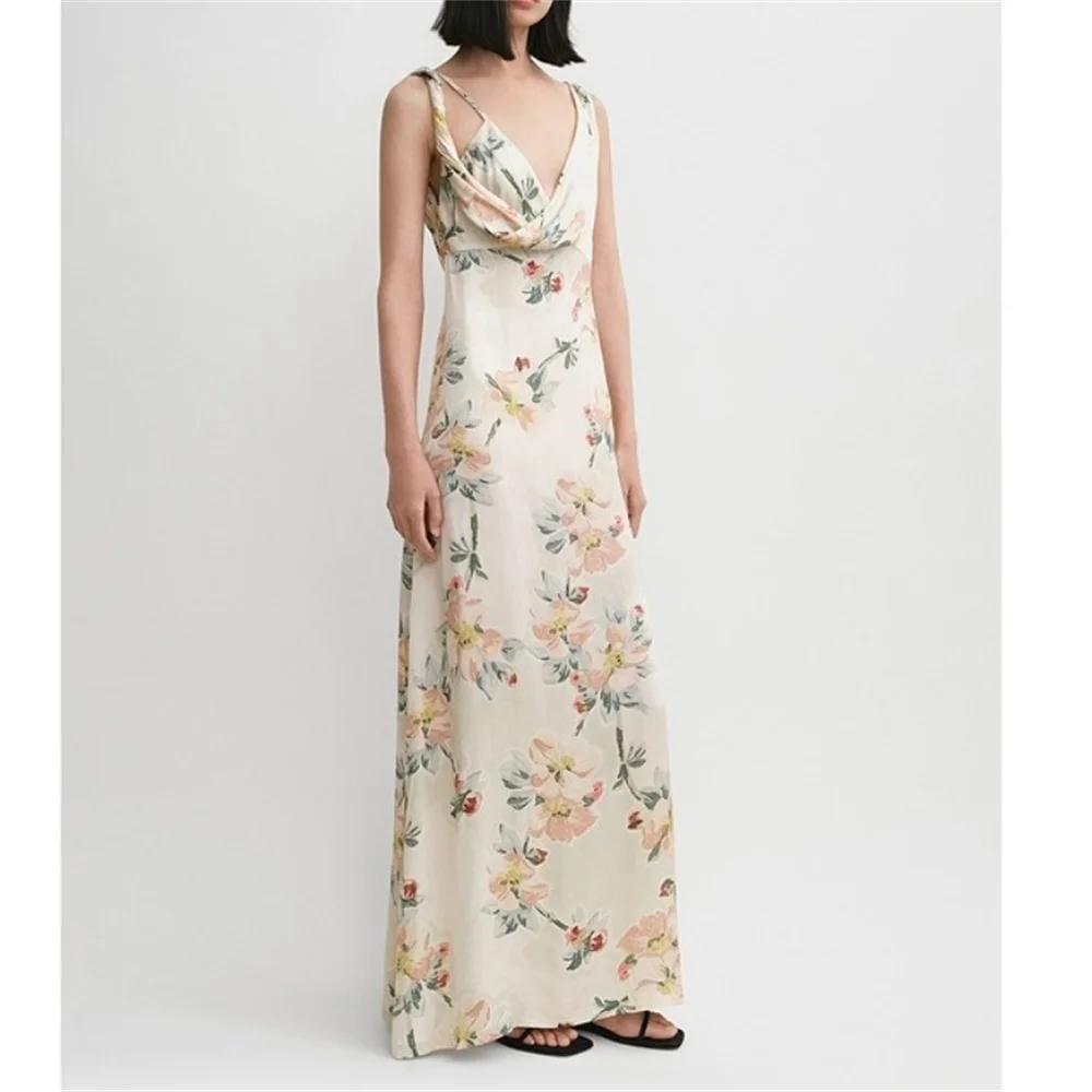 

New Women's Floral Print Sleeveless Dress Elegant Slim Fit Lady Twisted Sling Strap Mid-length Dresses for Spring Summer