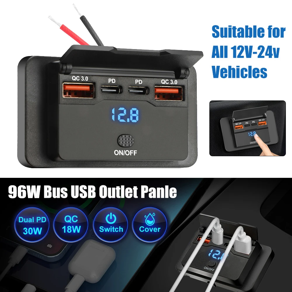 

Voltage Display RV USB Outlet Dual QC3.0 USB A & USB C Ports Charging Socket Panel with Switch for 12V/24V Car Boat Truck