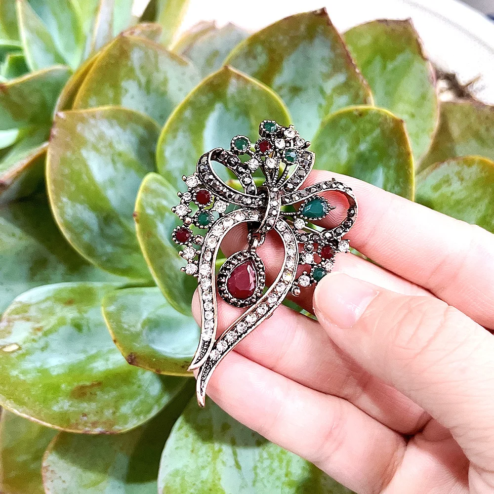 Vintage Women Bow Brooch Turkish Dress Brooch Crystal Antique Gold Color Indian Resin Pins Bohemia Bride Jewelry Sunspicems image 4