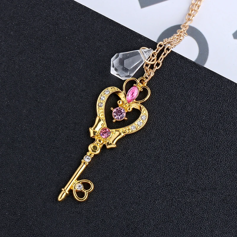 Fashion Sailor Moon Heart Shaped Key Crystal Necklace Cartoon Anime Pendant Necklace for Women Jewelry Accessories Toy Gift